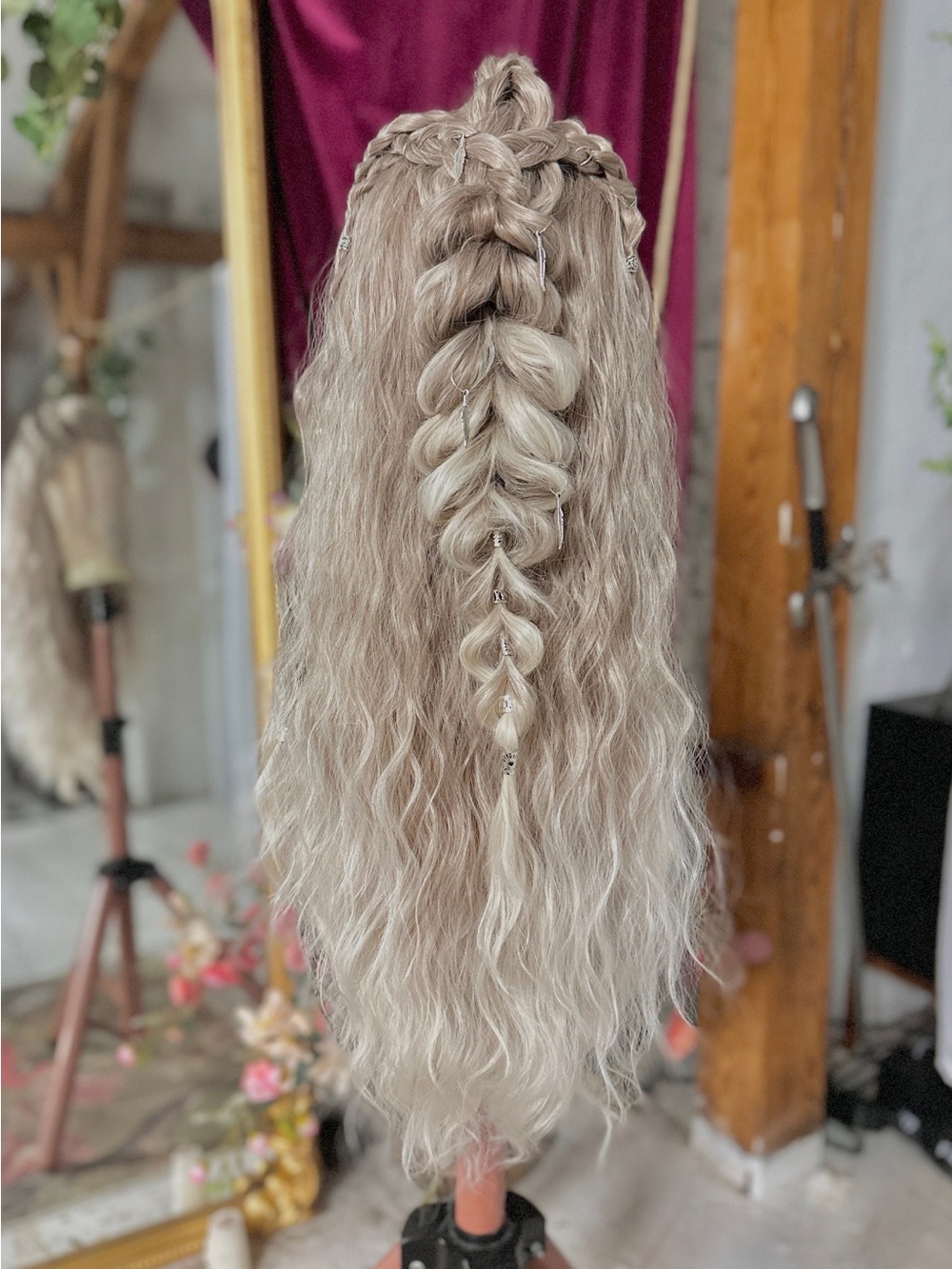 Viking elf women’s wig Silver Lace Long Wavy Braided beaded - Picture 6 of 11